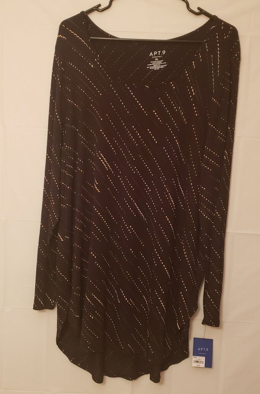 Women's apt 9 Black Beige Stripe Long Sleeve Tunic Relaxed Cottage Sz XL NWT